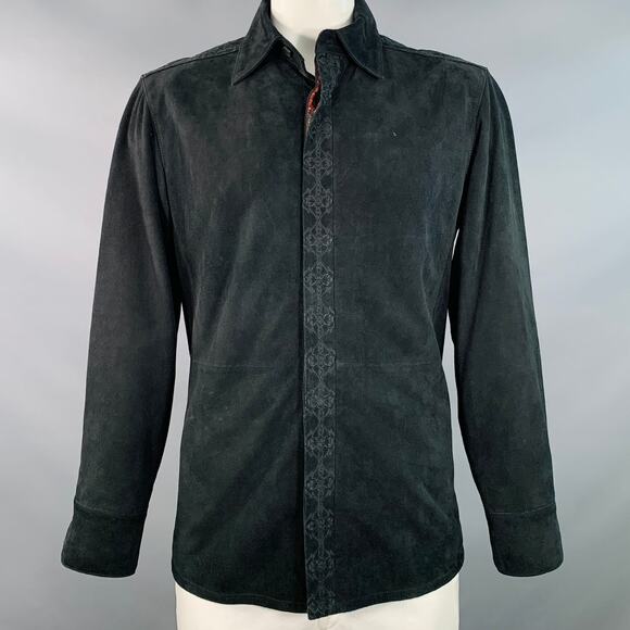 ROBERT GRAHAM Size L Black Embroidery Suede Contrast Trim Long Sleeve Shirt - Picture 1 of 8